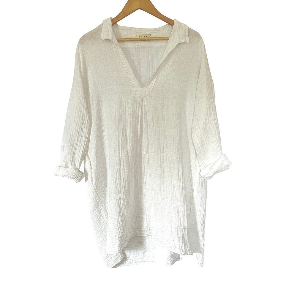 STARKx 100% Cotton Gauze Popover Tunic Top L White Beach‎ Coverup Vacation USA